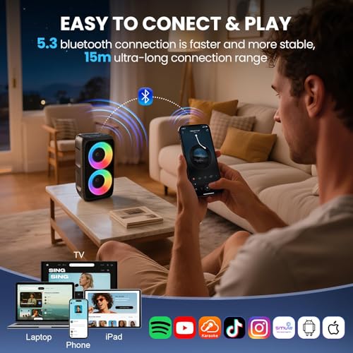 Bluetooth Speaker with 2 Wireless Microphones - Big Party Speaker for Adults Kids Karaoke with Lights - Portable Rechargeable Floorstanding Speakers Support TWS/AUX/USB/TF Card for Home Party Gift - size: 2 Mics