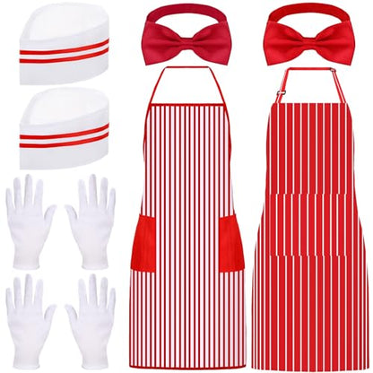 10 Pcs 1950s Waiter Costume Kit Including Chef Hat Apron Bow Tie Gloves for Cosplay Costume Circus Party(Adult Size) - color: Red Stripe B