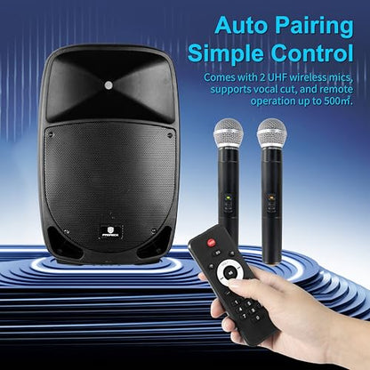 Portable 15" 1600W 2-Way Rechargeable Powered Dj PA Speaker System with Bluetooth, Rechargeable Battery, 2 Wireless Mics, USB, SD, FM Radio, Remote & Speaker Stand for Parties, Events, gigs, Outdoor - size: 15 inch
