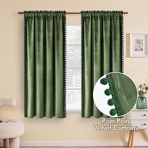 MIULEE Olive Green Pom Pom Velvet Blackout Curtains W52 x L63, Set of 2 | Rod Pocket Curtains,Thermal Insulating,Blackout Curtains for Bedroom/Home Theater/Living Room Darkening - color: Olive Green, size: 52"W x 63"L (Pack of 2)