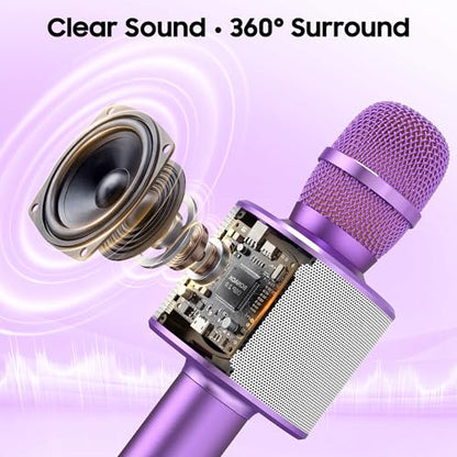 BONAOK Wireless Bluetooth Karaoke Microphone, 3-in-1 Portable Handheld Mic Speaker Machine for All Smartphones, for Girls Boys Kids Adults All Age Q37(Light Purple) | Bluetooth 5.0, Echo Mode,Built-in Speaker, SD Card, for iPhone iPad, Handheld,Home Karao