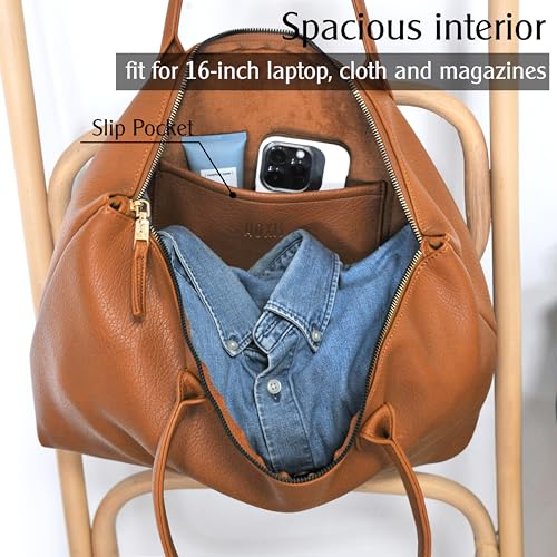 HOXIS Tote Bag for Women with Zipper Vegan Leather Handbag with Trolley Sleeve Travel Weekender Carryall Bag - color: Orange-brown