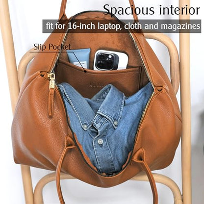 HOXIS Tote Bag for Women with Zipper Vegan Leather Handbag with Trolley Sleeve Travel Weekender Carryall Bag - color: Orange-brown