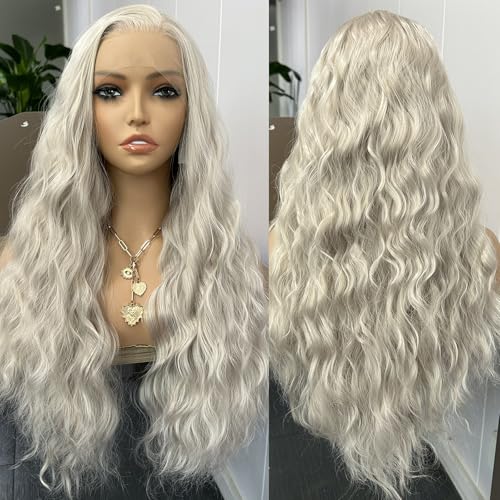 RONGDUOYI Ash Blonde Synthetic Lace Front Wigs for Women 13x4 Long Deep Curly Wave Light Grey Wig Middle Part Natural Hairline Daily Wear Cosplay 24Inch - color: Ash Blonde 4503