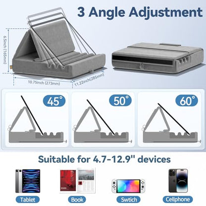 KDD Tablet Pillow Holder, Foldable iPad Stand for Lap, Bed and Desk -Tablet Soft Pad Dock with Pocket & Stylus Mount Compatible with iPad Pro 12.9, 10.5, 9.7 Air Mini 6 5 4 3, Galaxy Tab, E-Reader - color: Grey