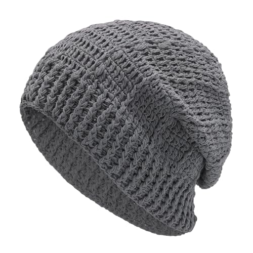 ZLYC Women Cotton Crochet Slouchy Beanie Hat Handmade Knit Summer Skull Cap | Lightweight breathable,boho casual chic look,travel photos festival party,café commute daily wear,beach concert gathering - color: Gray