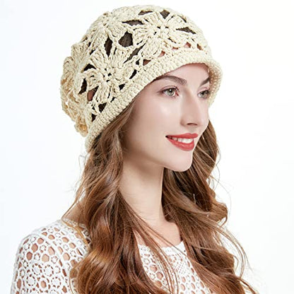 ZLYC Women Cotton Crochet Slouchy Beanie Hat Handmade Knit Summer Skull Cap | Lightweight breathable,boho casual chic look,travel photos festival party,café commute daily wear,beach concert gathering - color: Crochet Beige