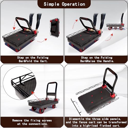 2IN1 42×26In Heavy Duty Platform Trucks Flatbed Carts | 2000lbs Capacity Push Cart Hand Dolly w/Detachable Solid Steel Wire Fence, Collapsible Cage, 5-Inch Silent TPR Wheels - size: 42" L X 26" W