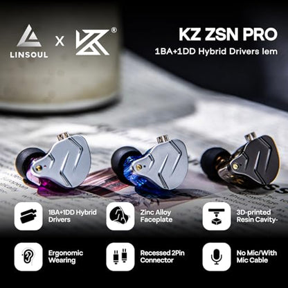 Linsoul KZ ZSN Pro Dual Driver 1BA+1DD Hybrid Metal HiFi in-Ear Monitor - color: Black, style: With Mic