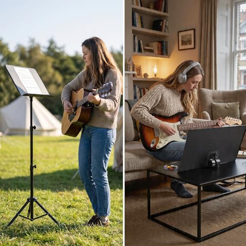 AODSK 5 in 1 Dual-Use Folding Sheet Music Stand & Desktop Book Stand, Adjustable Height Portable Music Stand with Carrying Bag, Sheet Music Clip & Book, for Home School Band, Black