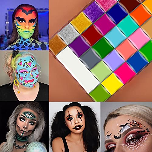 CCbeauty Face Body Paint Kit Professional 36 Colors Face Painting Kit Cosplay Makeup Palette Halloween Clown SFX Makeup Kit Neon Body Paint Arts Party Fancy Make Up with 10 Pink Face Paint Brushes