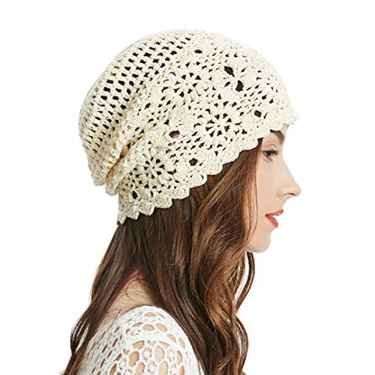 ZLYC Women Cotton Crochet Slouchy Beanie Hat Handmade Knit Summer Skull Cap | Lightweight breathable,boho casual chic look,travel photos festival party,café commute daily wear,beach concert gathering - color: Colour: Beige