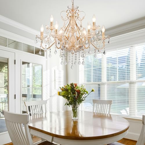 Saint Mossi Gold Crystal Chandelier for Dining Room, 9-Light Modern Chandelier Pendant Light, French Gold Crystal Raindrop Chandelier for Bedroom, Living Room, Foyer, H19 x D24 - color: French Gold 9-Light