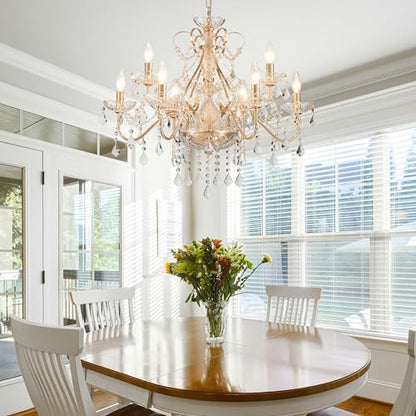 Saint Mossi Gold Crystal Chandelier for Dining Room, 9-Light Modern Chandelier Pendant Light, French Gold Crystal Raindrop Chandelier for Bedroom, Living Room, Foyer, H19 x D24 - color: French Gold 9-Light