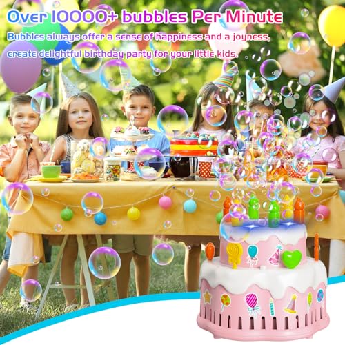 Panamalar Birthday Cake Bubble Machine, Automatic Bubble Blower Machine for Kids Toddlers with Music/Lights/Solution,10000+ Bubble/Min 13 Holes Bubble Maker Toys for Outdoor Birthday Wedding Gift - color: Pink