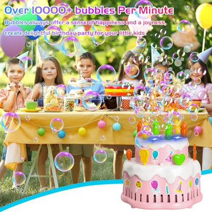Panamalar Birthday Cake Bubble Machine, Automatic Bubble Blower Machine for Kids Toddlers with Music/Lights/Solution,10000+ Bubble/Min 13 Holes Bubble Maker Toys for Outdoor Birthday Wedding Gift - color: Pink
