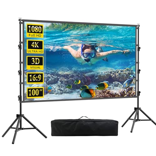 100 inch Projector Screen with Stand,HUANYINGBJB Indoor Projection Screen, Portable 16:9 4K HD Rear Front Movie Screen with Carry Bag for Theater Backyard Movie Night,Cinema School, Churches - color: white, size: 100 inches diagonal