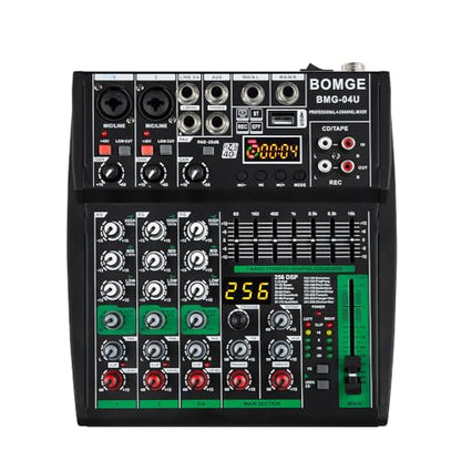 BOMGE Professional DJ audio mixer, 4 channel DJ mixer, Bluetooth sound mixer, supports USB/MP3/BT computer input,256DSP,48V phantom power suitable for DJ studio streaming recording