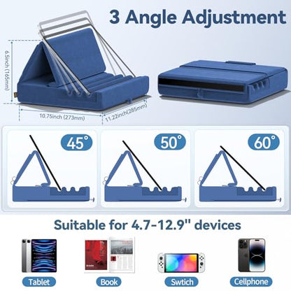 KDD Tablet Pillow Holder, Foldable iPad Stand for Lap, Bed and Desk -Tablet Soft Pad Dock with Pocket & Stylus Mount Compatible with iPad Pro 12.9, 10.5, 9.7 Air Mini 6 5 4 3, Galaxy Tab,E-Reader - color: Blue