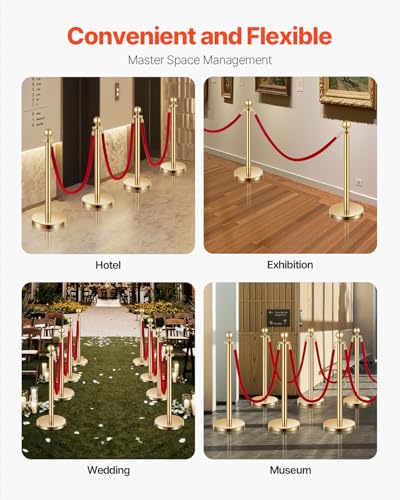 VEVOR Stanchions and Velvet Ropes 8Pcs, Hollow Base with Stainless Steel Post, 6 Red Velvet Ropes and Posts, Crowd Control Barriers Gold Stanchions, Red Carpet Runner Poles for Party Supplies - color: Gold