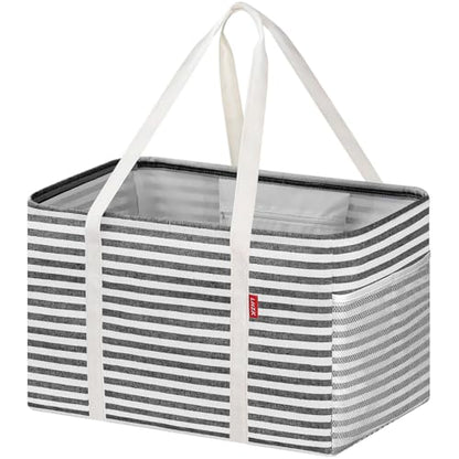 LHZK Standing Utility Tote Bag with Metal Wire Frame and the Sides Rinforced, Large Tote Bag with Handle, Reusable Grocery Bags Foldable, Beach Bag, Car Tote, Black, 18.5''x11.8''x11.5'' | Metal Wire Frame - color: Black/White, size: 18.5''x11.8''x11.5''-