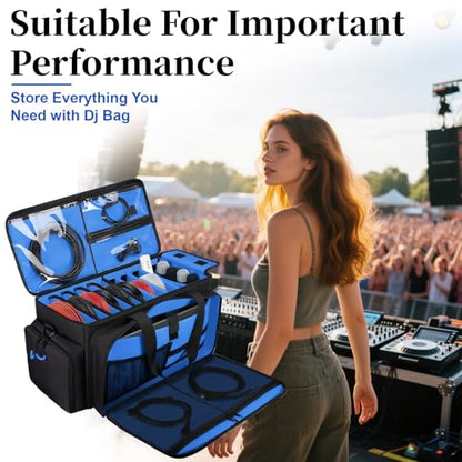 Large Dj Cable Bag with Detachable Dividers, Bottom Pad | Dj Bag for Equipment and Accessories with Laptop and Microphone Pocket, Dj Gig Bag for Musician, Professional, Travel, Blue - color: Blue, style: Dj Cable Bag