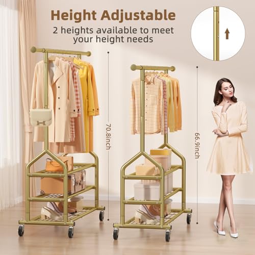 EAGMAK Heavy Duty Clothes Rack Load 688 LBS, Rolling Clothing Rack With 3 Shelves, Adjustable Metal Clothes Hanger with Wheels Portable Wardrobe Organizer Garment Rod for Hanging Clothes (Gold) - color: Gold, style: 3 Shelves