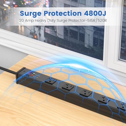 JUNNUJ Long 16 Outlet Power Strip Surge Protection 4800J, Wide Spaced Industrial Heavy Duty Outlets with 20Amp Switch, High Amp Extension Cord 6-20R T-Slot 4FT Black - size: 4FT