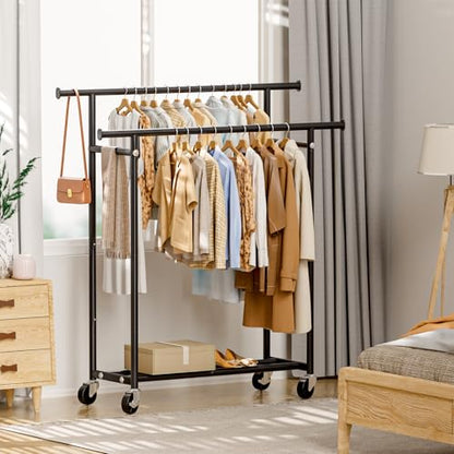 HYSEYY Clothes Rack, Double Rods Rolling Clothing Rack for Hanging Clothes, Portable Garment Rack with Wheels, Coat Rack Wardrobe Closet Load 240 LBS for Bedroom Laundry Room (Black, L) - color: Black
