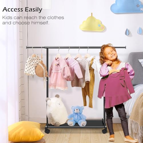 MISSLO Short Clothing Racks for Hanging Clothes with Bottom Shelves and Wheels Heavy Duty Rolling Clothes Rack Kids Clothing Rack for Adult Coat, Closet, Wardrobe (Black) - color: Black