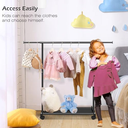 MISSLO Short Clothing Racks for Hanging Clothes with Bottom Shelves and Wheels Heavy Duty Rolling Clothes Rack Kids Clothing Rack for Adult Coat, Closet, Wardrobe (Black) - color: Black