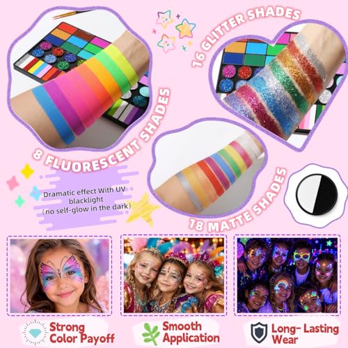 42 Color Face Painting Kit with B&W Palette,Professional Non Toxic Water Activated Face Paint Palette with Stencils,Brushes,Gems&Sponges,For Halloween, Christmas,Cosplay, Party, Carnival & Festival