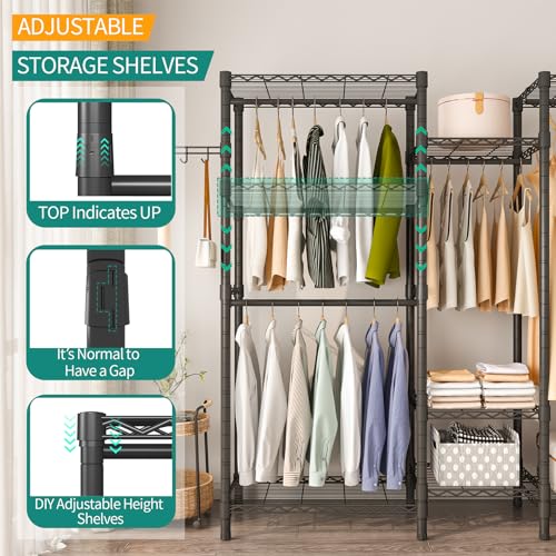 Heavy Duty Garment Rack, Portable Wardrobe Clothes Rack | Freestanding Adjustable Clothing Rack with 7 Tiers Adjustable Wire Shelving and 4 Hanger Rods, Max Load 920LBS Black - color: Black, size: B3: 5 Tiers with 4 Rods,72.4"L x 15.7"W x 76.8"H