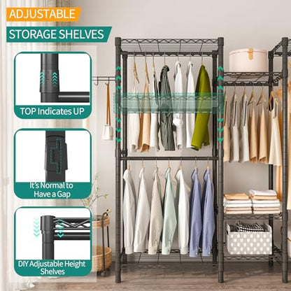 Heavy Duty Garment Rack, Portable Wardrobe Clothes Rack | Freestanding Adjustable Clothing Rack with 7 Tiers Adjustable Wire Shelving and 4 Hanger Rods, Max Load 920LBS Black - color: Black, size: B3: 5 Tiers with 4 Rods,72.4"L x 15.7"W x 76.8"H