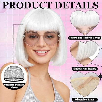 Short Bob Straight Hair Wigs with Bangs, Heat Resistant Fiber Hair, Heart-shaped Glasses for Women (White) - color: White
