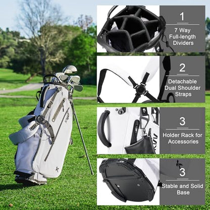 KVV Lightweight Golf Stand Bag with 7 Way Full-Length Dividers, 5 Zippered Pockets, Automatically Adjustable Dual Straps，Elegant Design - color: White
