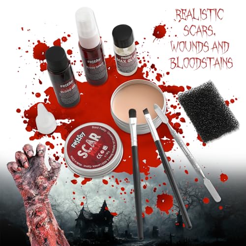 Festicy Halloween SFX Makeup Kit 2024 I Washable Fake Blood, Scar Wax, Fake Blood Spray I Perfect for Halloween Blood I Halloween makeup kit, Zombie makeup kit, Vampire makeup kit, Vampire blood