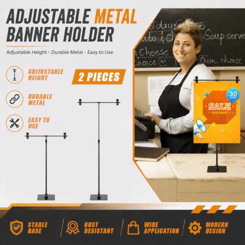 Dunzy 2 Pack Adjustable 11 in - 36.6 in High Metal Banner Holder Table Top Banner Display Poster Stand T Shaped Stand Desktop Business Poster Holder Advertising Sign Indoor Outdoor (Black) - color: Black