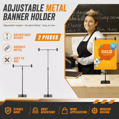 Dunzy 2 Pack Adjustable 11 in - 36.6 in High Metal Banner Holder Table Top Banner Display Poster Stand T Shaped Stand Desktop Business Poster Holder Advertising Sign Indoor Outdoor (Black) - color: Black