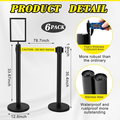 Therwen 6 Pack Heavy Duty Crowd Control Stanchions 9.8 ft Stainless Steel Stanchion Set with 6 Safety Barrier Post Retractable Belt and 1 Sign Holder Crowd Control Barrier(Caution Belt,Black) - color: Black, size: Caution Belt