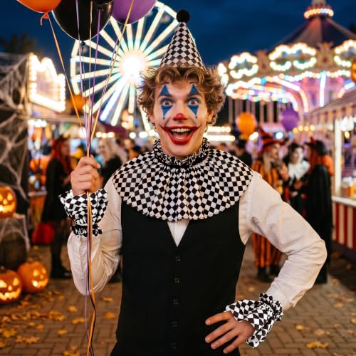 Clown Neck Ruffle Collar Cuffs Hat Set Detachable Halloween Clown Costume Accessories for Women - color: Black White Plaid