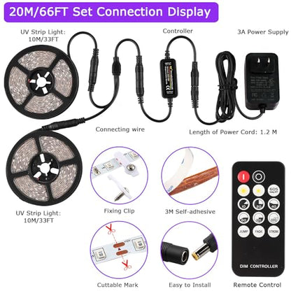 66 Foot Black Light Strips & Remote, Dimmable Flexible 1200 LEDs | 12V Blacklights Strip for Halloween Glow Party Body Paint Birthday Bedroom Room Fluorescent Tapestry Poster Indoor - size: 20 m