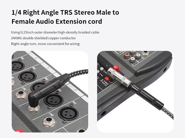 6Feet Right Angle 1/4 TRS Male to Female Stereo Audio Cable,6.35mm TRS Male to Female Stereo Headphone Guitar Extension Cable Cord-1 Pack - size: 6Feet