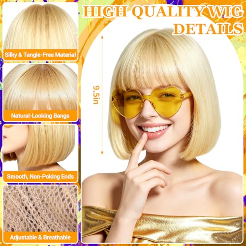 Short Bob Straight Hair Wigs with Bangs, Synthetic Fiber Colorful Hair, Heart-shaped Sunglasses for Women (Light Gold) - color: Light Gold