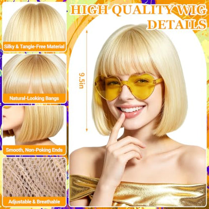 Short Bob Straight Hair Wigs with Bangs, Synthetic Fiber Colorful Hair, Heart-shaped Sunglasses for Women (Light Gold) - color: Light Gold