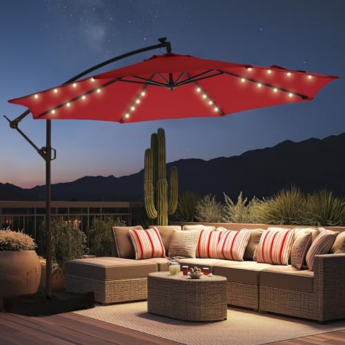 10FT Solar LED Cantilever Patio Umbrella with Base Included, Red | Premium 220GSM Solution-Dyed Fabric, 5-Year Fade-Resistant, 30 MPH Windproof, 45° Infinite Tilt and Crank for Outdoor Pool - color: Red
