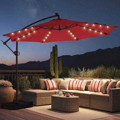 10FT Solar LED Cantilever Patio Umbrella with Base Included, Red | Premium 220GSM Solution-Dyed Fabric, 5-Year Fade-Resistant, 30 MPH Windproof, 45° Infinite Tilt and Crank for Outdoor Pool - color: Red