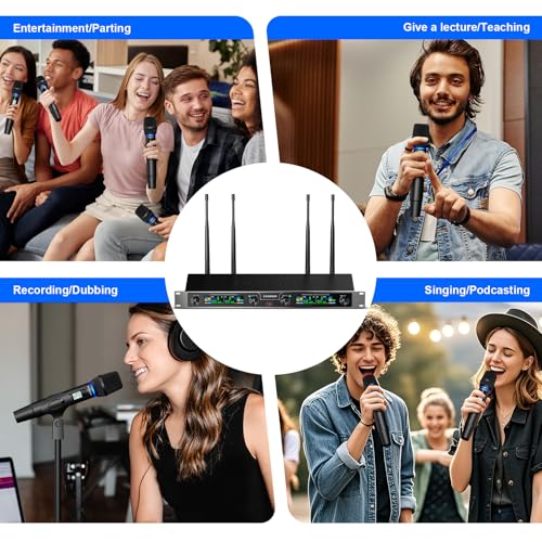Aokeo Wireless Microphones System, 4 Channel UHF Wireless Mics,with 4 Handheld Dynamic Microphones,Metal Receiver for Karaoke,Singing,Wedding,Party,Speech - color: Brown