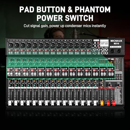 Audio Mixer 16 Channel Professional Sound Console Music Mixer with 320 DSP Effects, 7-band EQ DJ Mixing Board w/USB, Bluetooth, 48V Power Supply, PAD Button for Recording Karaoke PA Drum Live - size: 16 Channel - 21.8in