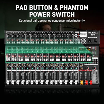 Audio Mixer 16 Channel Professional Sound Console Music Mixer with 320 DSP Effects, 7-band EQ DJ Mixing Board w/USB, Bluetooth, 48V Power Supply, PAD Button for Recording Karaoke PA Drum Live - size: 16 Channel - 21.8in